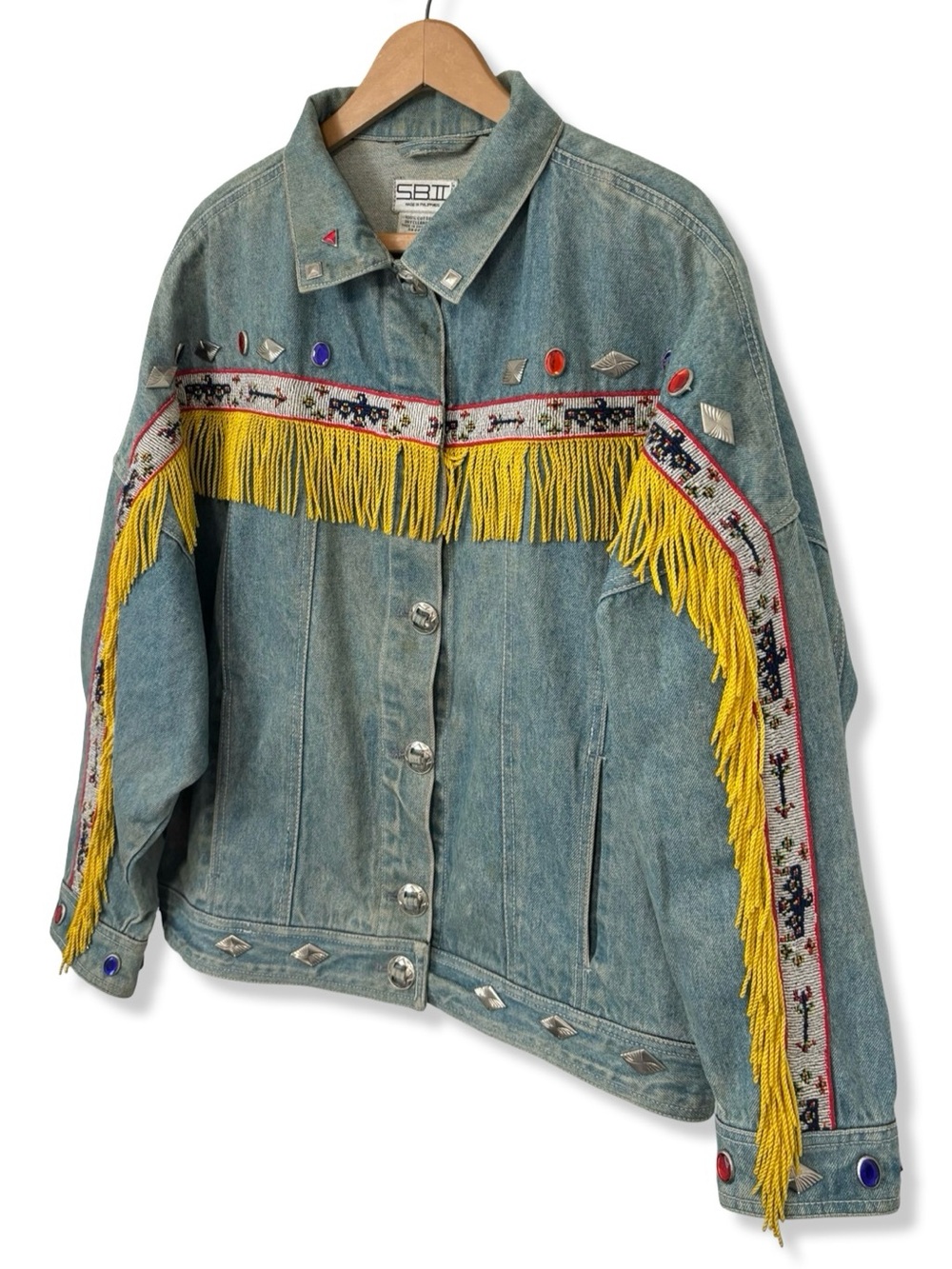Vintage 90s Denim Fringe Jacket with Yellow Trim